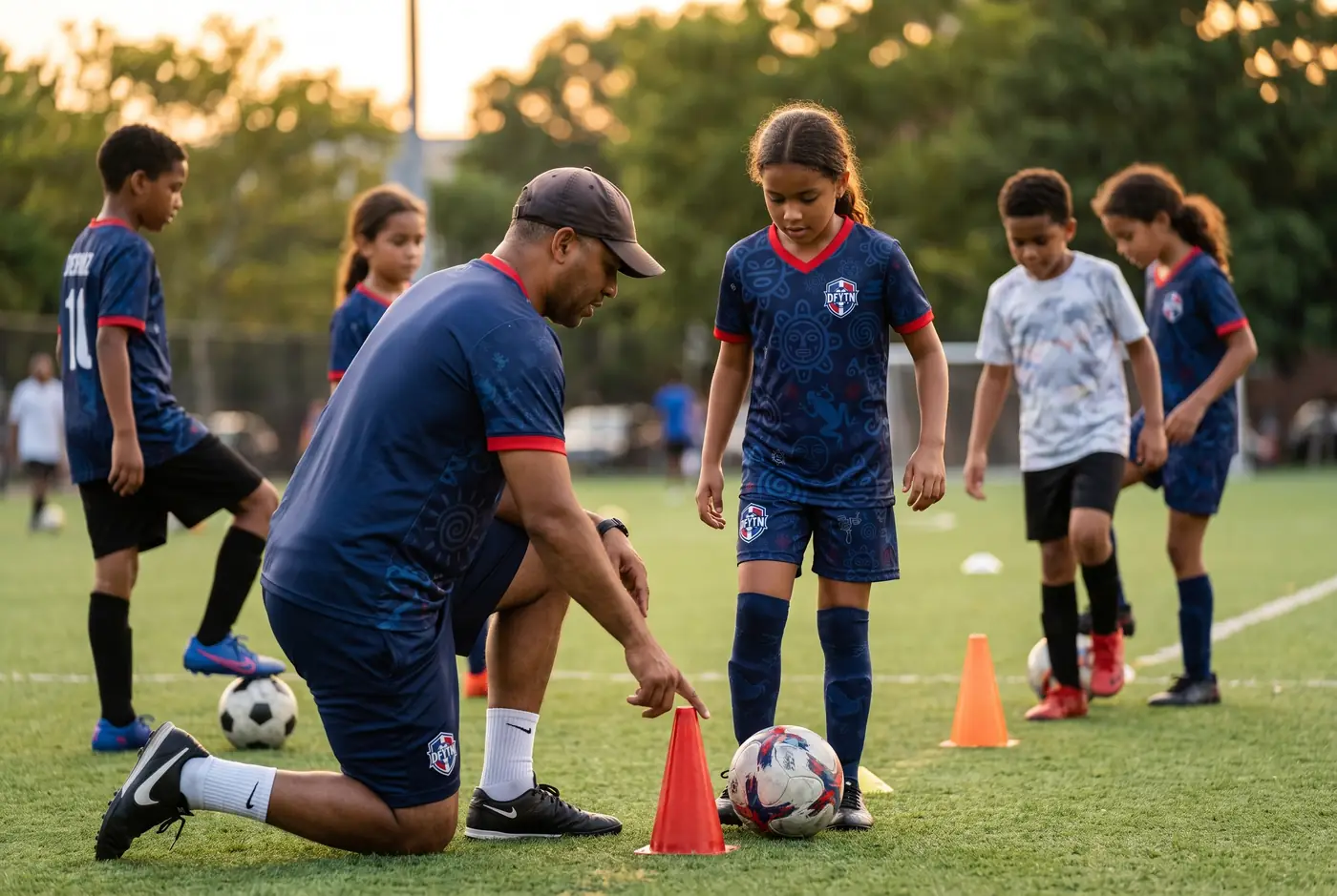 Coach leading DYFN players through a clinic drill