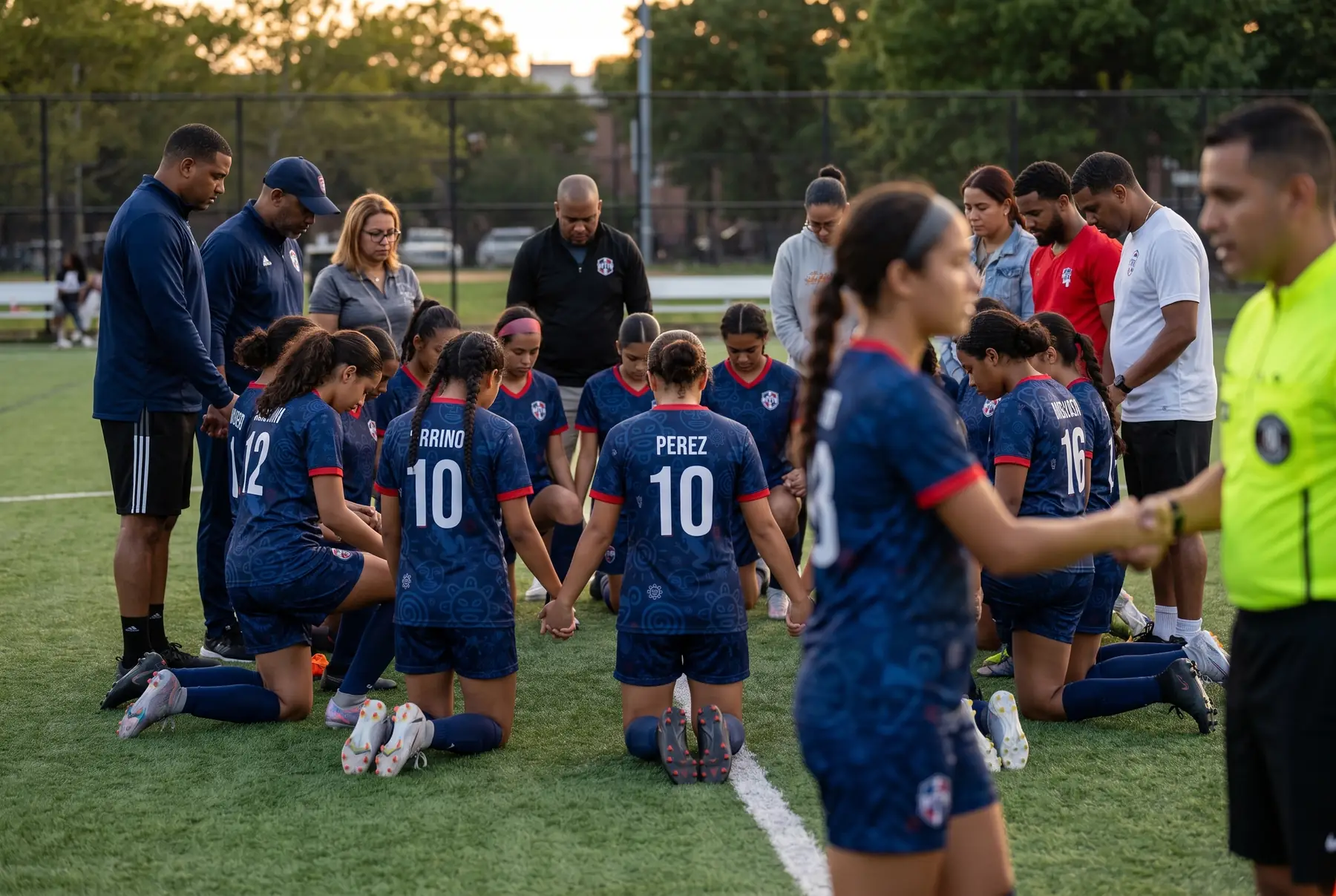 DYFN players gathered in a team circle