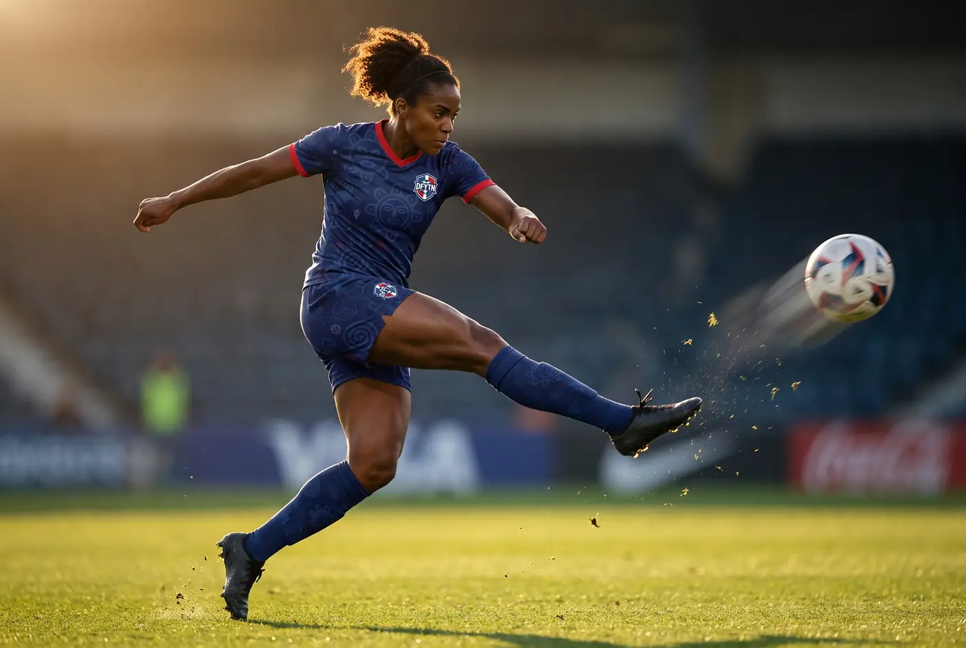 DYFN player striking a volley at sunset in a stadium
